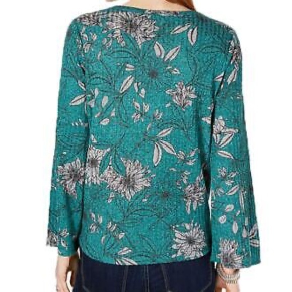 NWT Style & Co Green Floral  Tie-Front Lantern Sleeve Ribbed Top - Picture 7 of 7